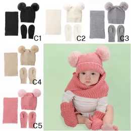 0-36 Months Baby Fashion Wave Knit Pom-Pom Beanie Scarf Glove Sets Lovely Kids Two Balls Solid Warm Hats Scarves Gloves