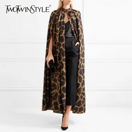 Twotwinstyle kvinnlig cardigan coat o neck kappa ärm utskrift leopard maxi kappor för kvinnor höst vintage mode 210812