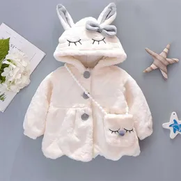 0-4 Year Baby Girl Clothes Cute Rabbit Ear Plush Coat Autumn Winter Hooded Toddler Kids Jacket Infant Christmas Princess Outwear 211011