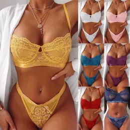 Yellow/White Sexy Bralette Set Women 2021 Floral Lace Lingerie Set Blossom Bra Top and Thong Female Bedtime Lenceria Underwear X0526