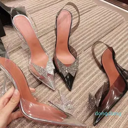 Mode Transparent Diamond Bow High Heel Shine Cap Toe Heels Fine Tips med de tomma sexiga kvinnornas singlarskor sommarkristallfe