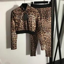 Cheetah Women's Two Piece Pants Tracksuits Yoga Suits Leopard Tryck Långärmare Kort jacka Midja Slim Legings Sport Sport Suit
