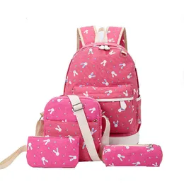 HBP Non-Brand Printed double shoulder canvas capacity schoolbag for middle and high school students 4-piece travel bag 1 set sport