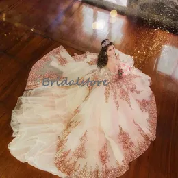 2022 로즈 골드 스팽글 Quinceanera 드레스 Vestidos de 15 Años Princess Plus 크기 Masquerade Prom 가운 달콤한 15 생일 파티 스커트가있는 탈착식 슬리브 가운 배