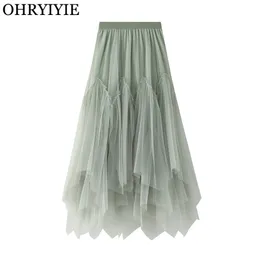 OHRYIYIE Women irregular Long Tulle Skirts Ladies High Waist Ankle-Length Tutu Maxi Skirts Beige Green Female Faldas Jupe Femme 210724