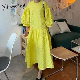yitimuceng ruchedの女性のための緩いゆるみウエストユニコロル黄色い青いサンドレス春夏の韓国のファッションドレス210601