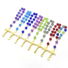 Guld Jesus Cross Glass Rosary Bracelet Katolska Bön Smycken Bil Hängande
