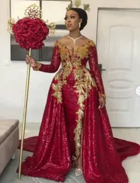 2021 Red Sequins Mermaid Prom Party Dresses Overskirt Train Off Shoulder Long Sleeves Gold Lace Plus Size Formal Evening Occasion Gowns Vestidos De Noiva