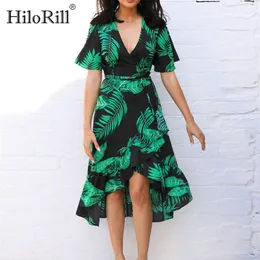 HiloRill Stampa floreale Bohemian Beach Dress Summer Women Dress Ruffles Casual manica corta con scollo a V Wrap Abiti da festa Vestido 210309