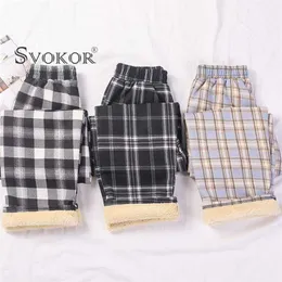 SVOKOR Women Plus Cashmere Warm Winter Pants Casual Retro Checkered Wide Leg Fashion Trousers Girl 211118