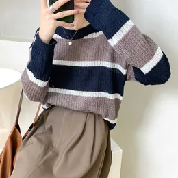 秋のニットセーター女性の大学のスタイル対照的な色の大胆な縞模様長袖ルースラウンドネックシャツ8036 210607