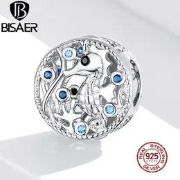 BISAER Sea Horse Beads 925 Sterling Silver Blue Zircon Seahorse Round Charms Fit DIY Bracelet Necklace Pendant For Women EFC266 Q0531