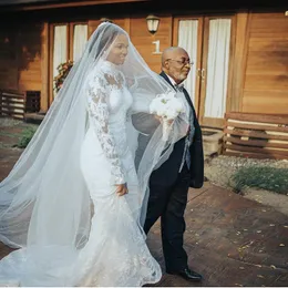 Afrikanische Plus -Größe Meerjungfrau Kleider 2021 Hochhals Spitzen Applikat Feizung Zug Langarmes Hochzeit Brautkleid Vestido de Novia