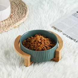Fashion Simple Medium Temperature Porcelain 6 inch Ceramic Cat Bowl With Wood Stand No Spill Pet Food Water Feeder Cats Small Dogs 400ml White
