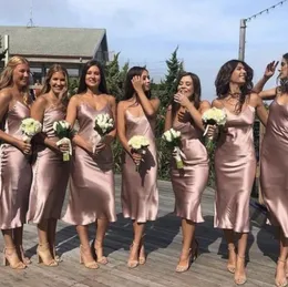 Bridesmaid 2021 Cheap Dresses Sheath With Spaghetti Straps Elastic Satin Tea Length Custom Made Plus Size Maid Of Honor Gown Beach Wedding