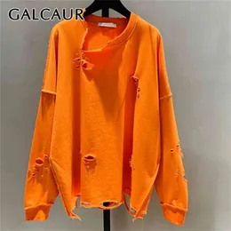 Galcaura Drugraficzna bluza dla kobiet O Neck Długi rękaw Dziura Koreański Swetry Designer Switshirty Kobiet Moda Odzież 210809