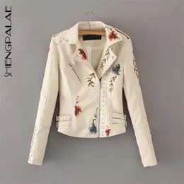 SHENGPALAE Spring Autumn European Style Full Sleeve Rivet Embroidery Turn-down Collar Zippers Women Slim Coat FR250 210818