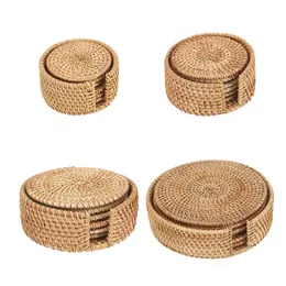 6pcs/set Mats Handmade Natural Woven Rattan Coasters Wicker Heat Resistant Plate Pad For Round Teacup Pots Pans Non Slip Coaster Set with Holder WLL1158