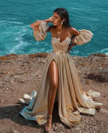 Elegante ouro vestidos de noite 2022 novo dubai vestidos formais sexy doce-coração pescoço alta divisão espumante festa baile vestido árabe middle314l