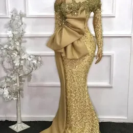 2022 Элегантные африканские кружевные русалочные вечерние платья плюс золотые блестки с длинными рукавами с бисером выпускной вечеринок