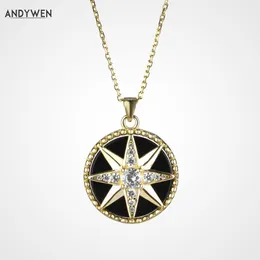 Andywen 925 Sterling Silver Gold Compass Wisiorek Okrągły Star Snowflower Naszyjnik Czarny Emalia Długi Łańcuch Cienki Kobiety Biżuteria Q0531