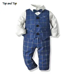 Top e top kids crianças bebê menino cavalheiro roupas de manga comprida camisa de bowtie + colete + calça meninos roupas xadrez conjunto para festa de casamento 210226
