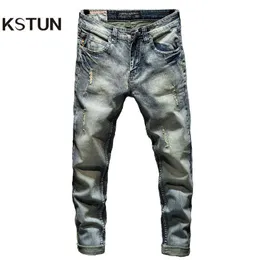 Smukły dżinsy Mężczyźni Lekkie Niebieski Rozciąg Ripped Rowerzysta Jeans Spodnie Mężczyzna Trochniste Męskie Dżinsy Slim Fit Casual Denim Spodnie Chłopcy Spodnie G0104