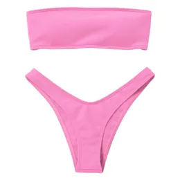 Bikini Zestaw OBROBOWY Wysokiej cięcia Bandeau Bikini 2021 Kobiet Bez Ramiączek Off Ramię Push Up Wyściełane Swimwear Kobiet Różowy Biquini