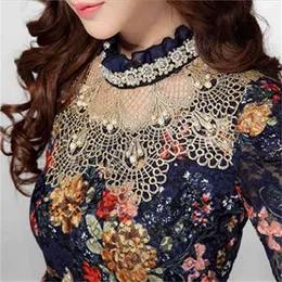 Women Elegant Fashion Lace Casual Women Blouse Diamond Beaded Lace Chiffon Shirt Women Clothes Top 3115 SH190829