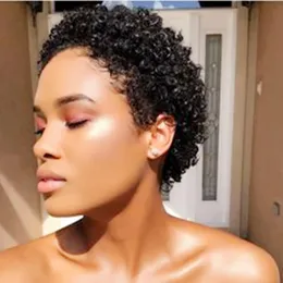 Kısa Perulu Kıvırcık İnsan Saç Peruk Afro Kinky Pixie Yok Ön Dantel Makinesi Siyah Kadınlar için Peruk Yapıldı