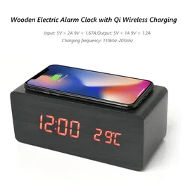 Wooden LED Digital Alarm Clock Thermometer Wireless Charger With Qi Charging Pad Voice Control Table Decor 210804