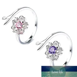 925 Sterling Silver Novelty Cherry Blossoms Blomma öppningsring med rosa lila zirkon för kvinnliga smycken