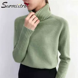 Surmitro kaszmirowy sweter kobiety jesień zima koreański turtleneck długim rękawem sweter kobieta skoczek zielony dzianin 210805