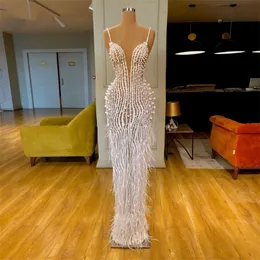 Luxury Prom Dress Pearls Beading Spaghetti Straps Celebrity Dresses Feather Dubai Arabic Evening Dresses Woman Party Night Robe De Soiree