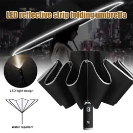 3 vik omvänd automatisk paraplyvagn klart regn Kvinnors parasoll LED-ljus reflekterande remsa vikning solig DTT 210721