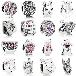 Ny 2021 100% 925 Sterling Silver Owl Bunny Snowman Charm Fit DIY Original Bracelet Fshion Smycken Gift
