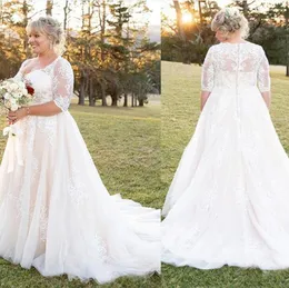 Plus Size Dresses With 1/2 Half Sleeves Lace Applique Custom Made Tulle Sweep Train Covered Buttons Back Country Wedding Gowns 403