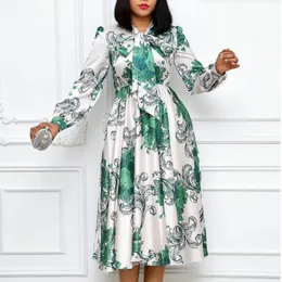 Casual Dresses Women Long Sleeves Printed With Bowtie Collar Pleated High Waist Midi Elegant Ladies Fashion African Vestidos Robes