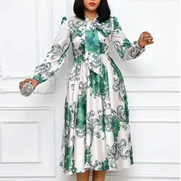 Casual Dresses Women Long Sleeves Printed With Bowtie Collar Pleated High Waist Midi Elegant Ladies Fashion African Vestidos Robes