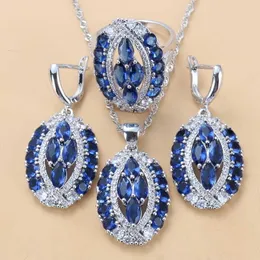 Wedding Big Jewelry Sets Women Fashion Accessories Blue Zircon Necklace And Earrings Ring Sets 6-Color Jewelry H1022