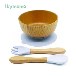 Baby Feeding Bowl Spoon Fork Food Tableware Kids Wooden Training Plate Silicone Suction Cup Removable Children's Dishes Goods 211027
