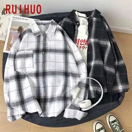 Ruihuo xadrez camisas para homens roupas moda manga longa harajuku vintage roupas 5xl 210809