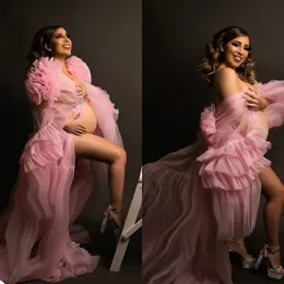 Elegancki Różowy Maternity Sleepwear dla Photoshoot Tulle Szlafrok Sexy Off Ramię Z Długim Rękawem Wielkich Ruffles Prom Dress