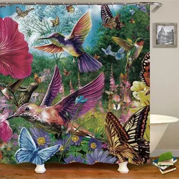 Flowers Birds Butterfly Shower Curtain 3D Bath Screen Waterproof Fabric Bathroom Decor Tropical plant With Hook Shower Curtains 211116