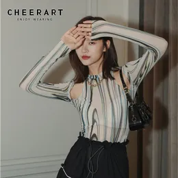 CHEERART T-shirt da donna a maniche lunghe abbagliante T-shirt con scollo a cuore Designer trasparente See Through Ladies Top Fashion Autunno 210306