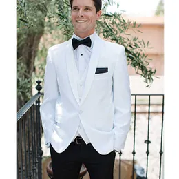 Vit brudgum tuxedo för brudgummen prom med svart byxor sjal lapel slim passform formella män passar manlig mode kostym väst 2021 x0909