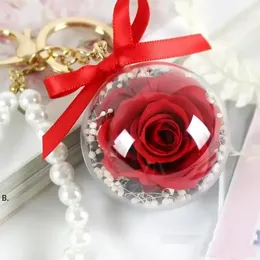 Wieczny Kwiat Brelok Czysta Kula Akrylowa Przezroczysta Kula 5 CM Rose Key Ring Valentines Gift Wedding Favors WHT0228