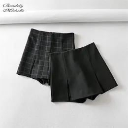 BRADELY MICHELLE Damen Streetwear Casual Slim Schwarz A-Linie Tartan Rock Reißverschluss Hohe Taille Plaid Split Miniröcke 210311