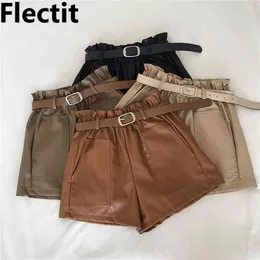 FLECTITの女性のペーパーバッグ革のショートパンツのベルトのフロントポケットの秋冬のFaux wide脚ハイウエストカーキ衣装* 210722