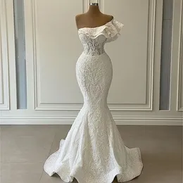 Ombro um 2022 elegante sereia vestidos de casamento babados branco renda 3d apliques plus size vestidos de noiva robe de mariage